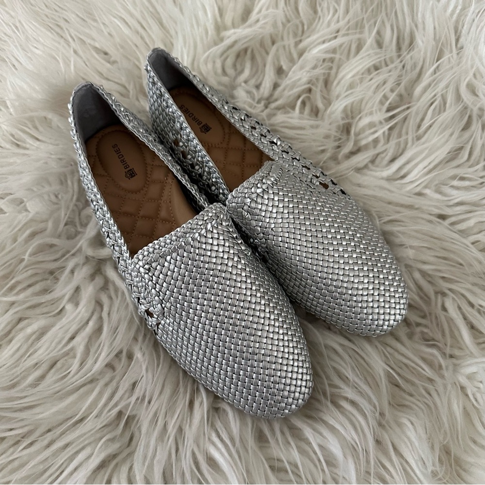 Birdies Starling silver woven‎ moccasin slip on flats faux leather size 9.5 NWOB